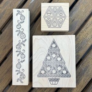 Outlines Rubber Stamp Set of 3 Christmas Tree Ornaments Wooden Stamps Holiday